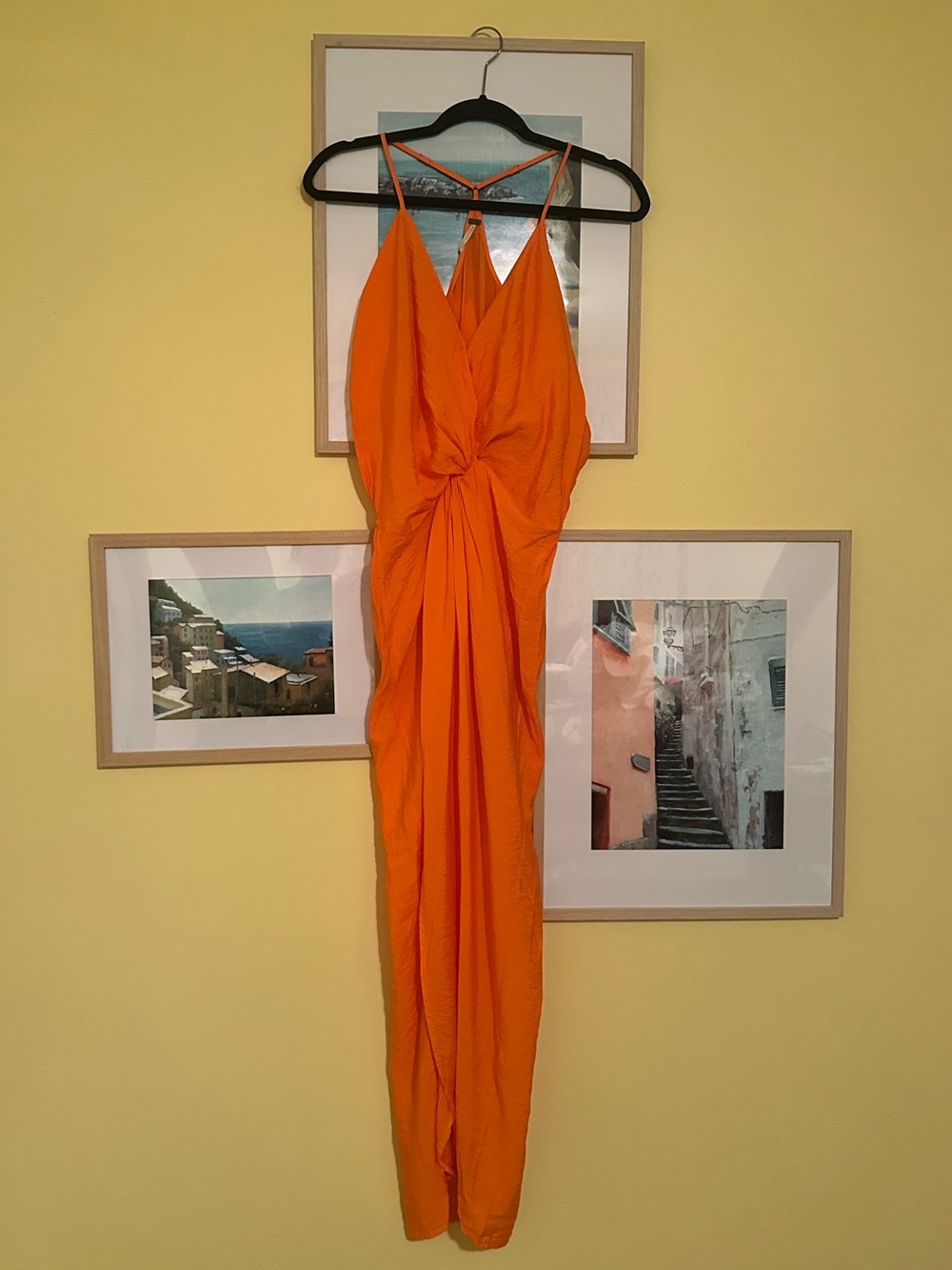 YFB Knot-Front Orange Midi Dress with Spaghetti Straps